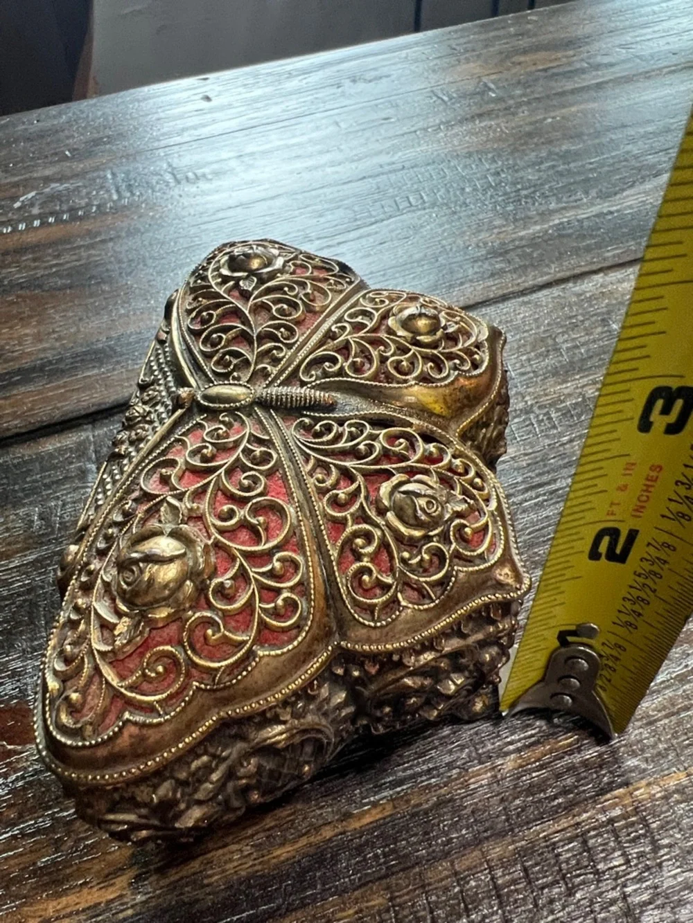 Ornate Butterfly Filigree Trinket Box in Antique Gold and Red Vintage